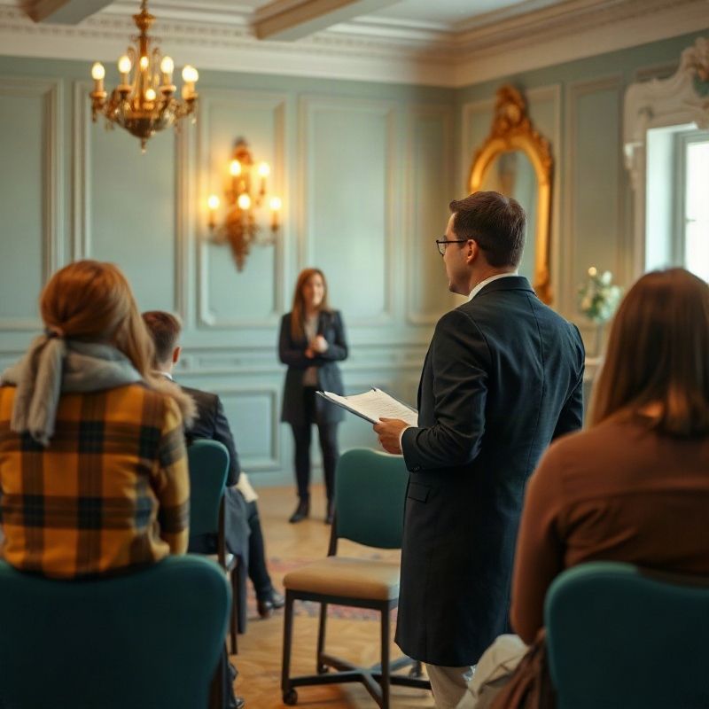 Profesionál prezentuje malému publiku v moderní seminární místnosti