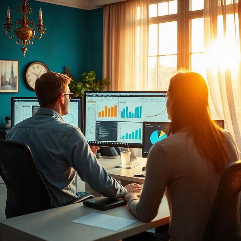 Analytik pracující s dashboardem na dvou monitorech v moderní kanceláři