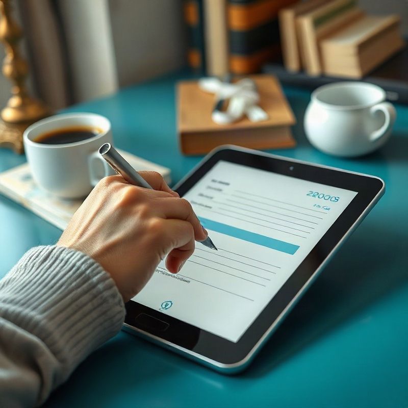 Ruce vyplňují digitální formulář na tabletu na moderním stole